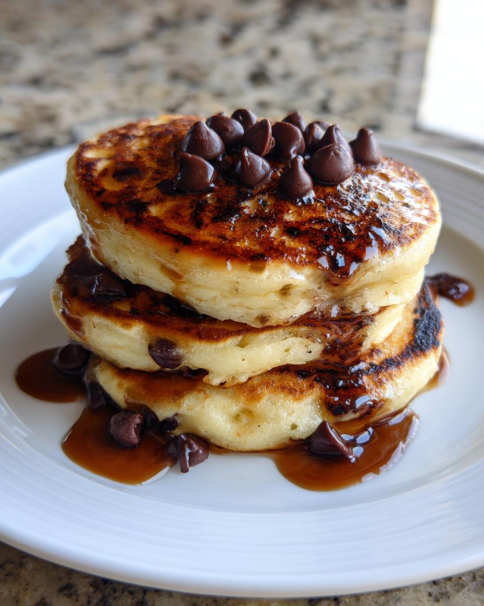 A tall stack of three fluffy chocolate chip pancakes drizzled with syrup and topped with chocolate chips.