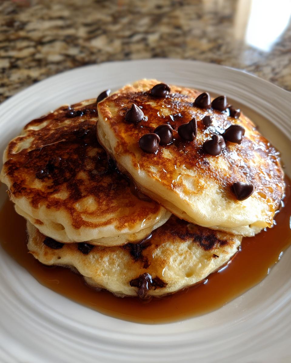A stack of three fluffy chocolate chip pancakes drizzled with syrup and topped with chocolate chips.