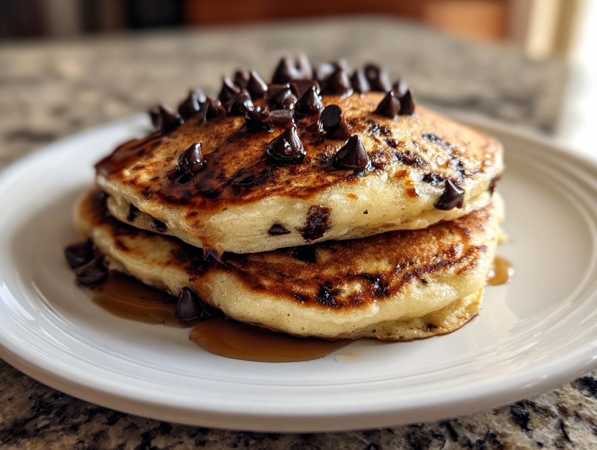 A stack of two fluffy chocolate chip pancakes topped with melted chocolate chips and maple syrup.
