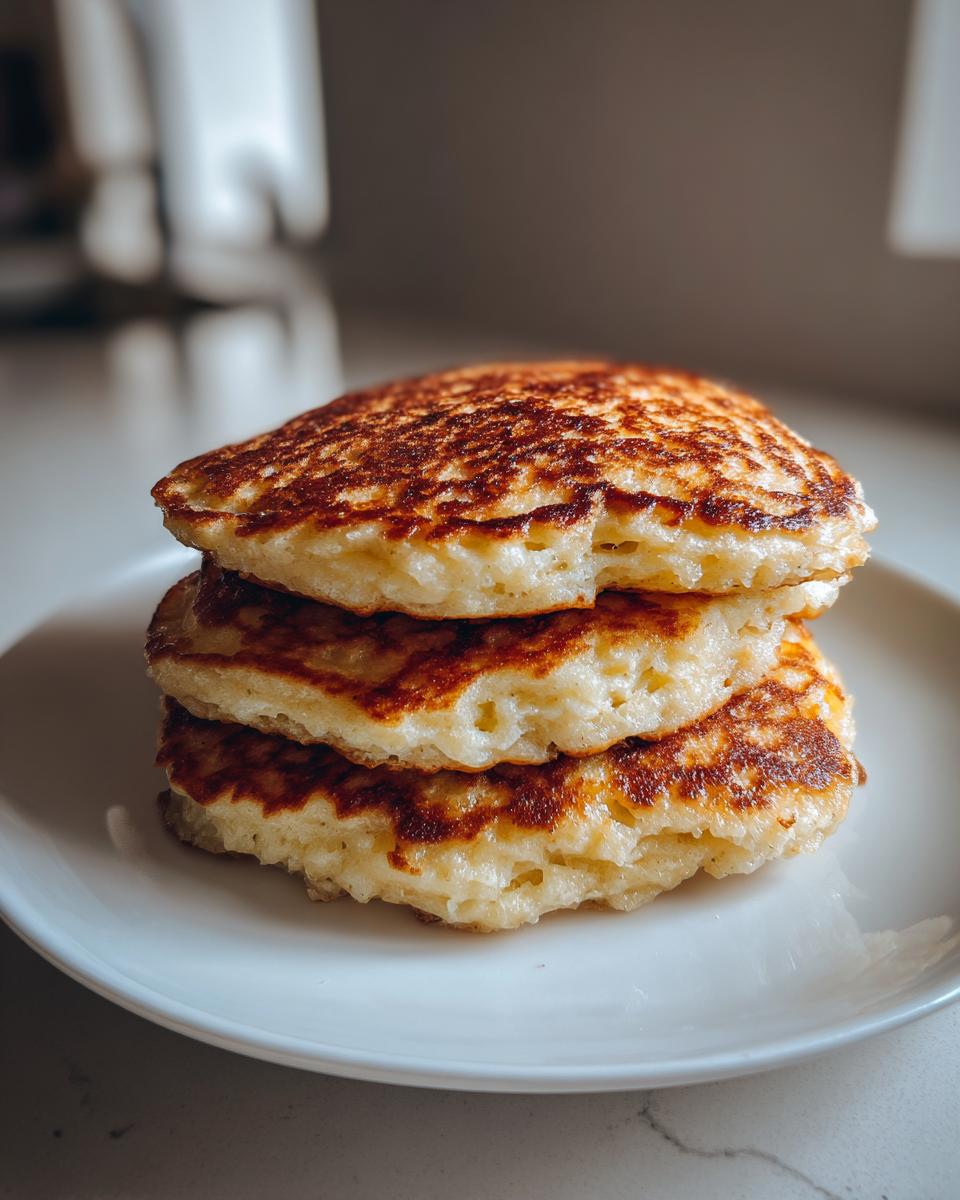 Close-up of a stack of three fluffy coconut flour pancakes with golden-brown edges on a white plate.