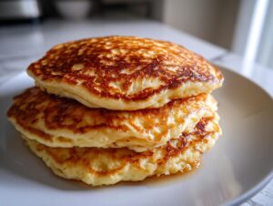 A close-up of three fluffy coconut flour pancakes stacked on a white plate, showing golden-brown, lacy edges.