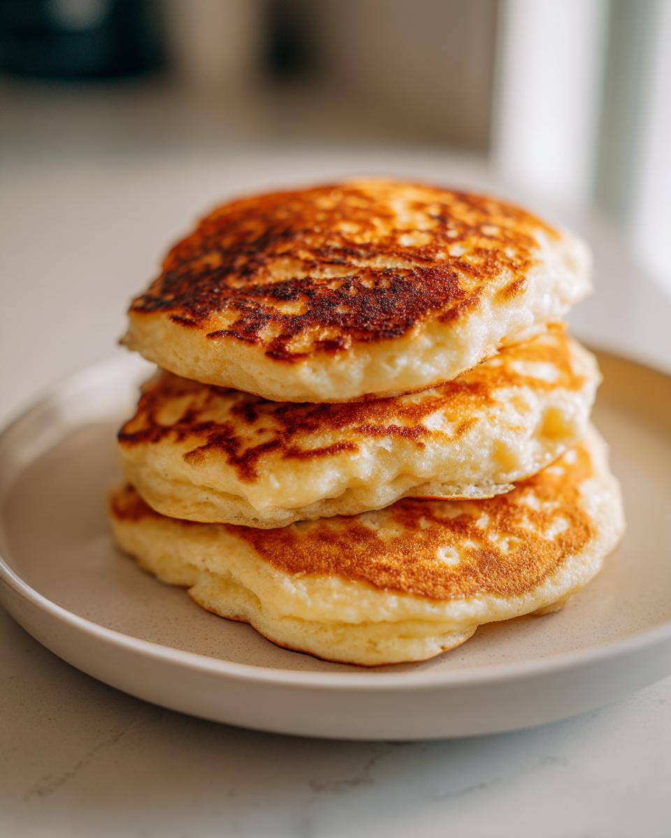 A close-up stack of three fluffy coconut flour pancakes with golden-brown, slightly crisp edges.