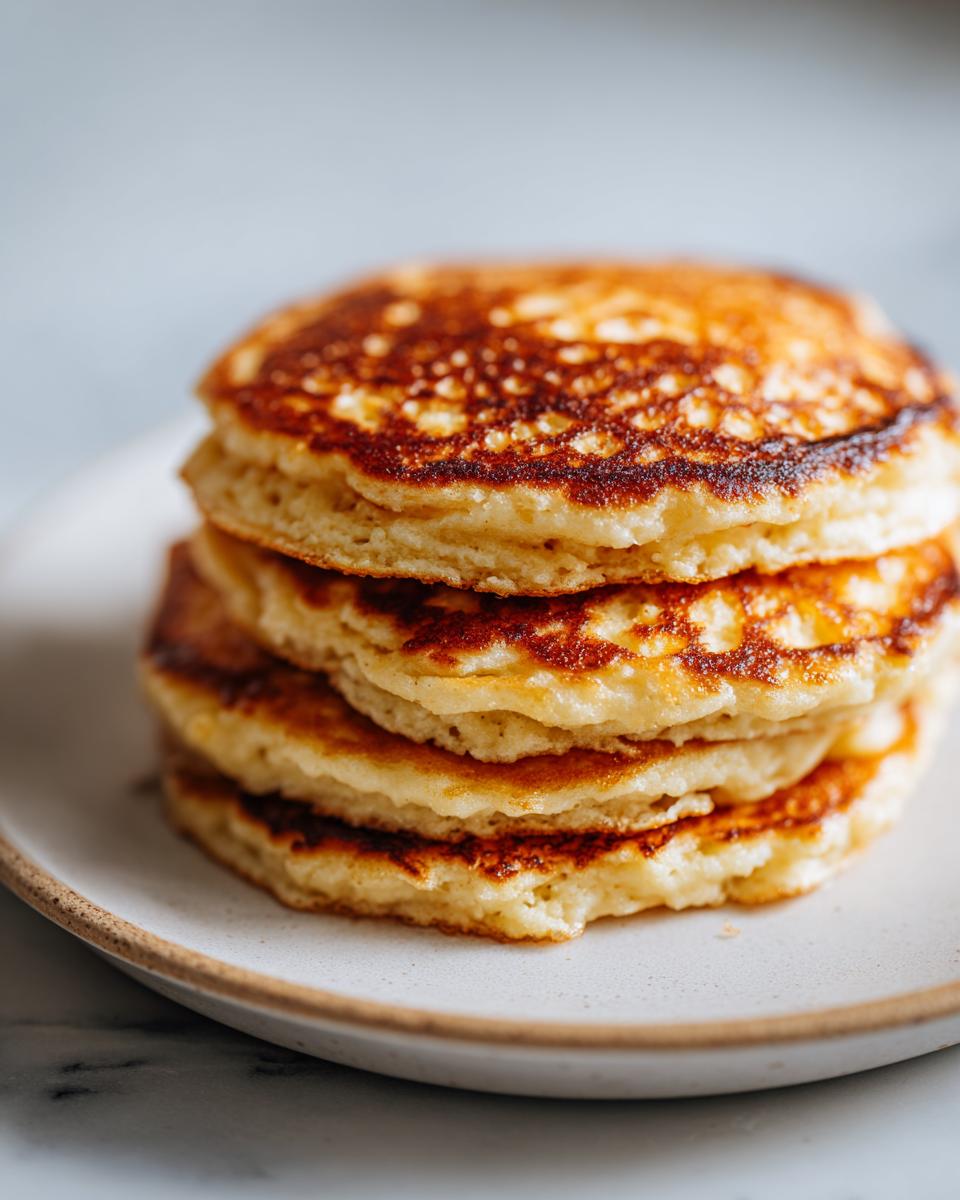 A close-up of a tall stack of four golden-brown coconut flour pancakes on a light plate.