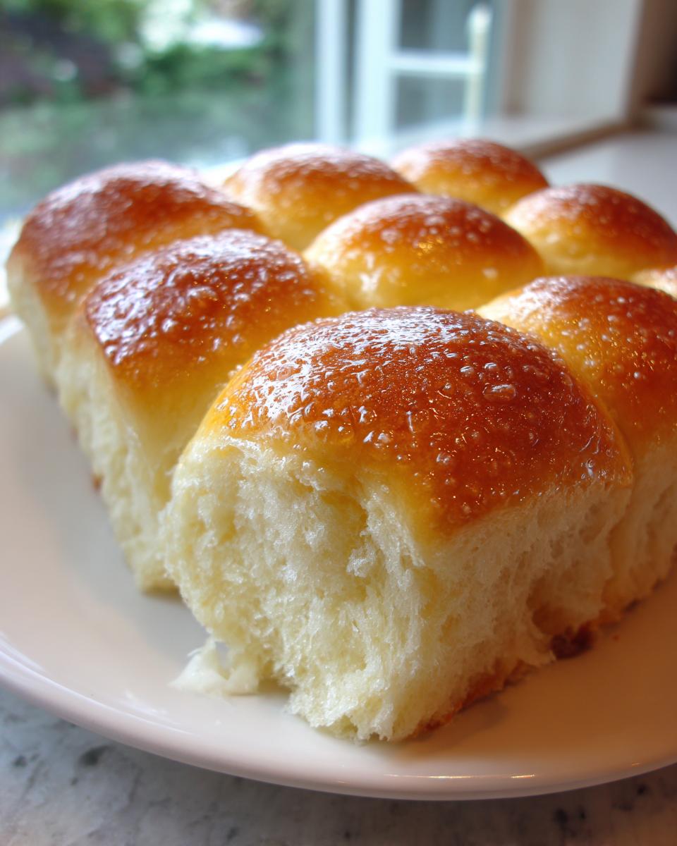 A close-up of a batch of fluffy dinner rolls, brushed with a shiny glaze, sitting on a white plate.