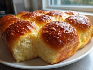 Close-up of freshly baked, fluffy dinner rolls with a shiny, golden-brown glaze on top, served on a white plate.