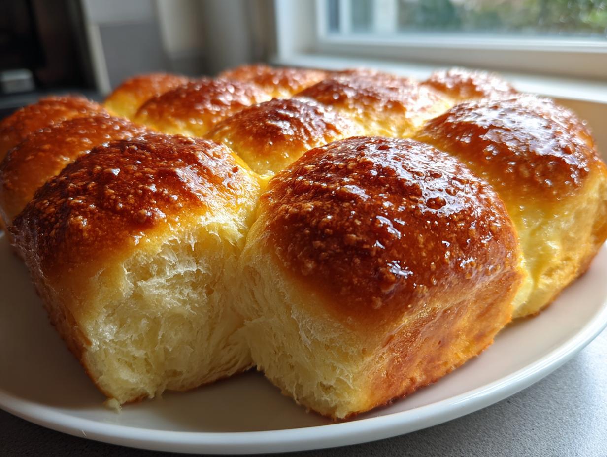 Close-up of freshly baked, fluffy dinner rolls with a shiny, golden-brown glaze on top, served on a white plate.