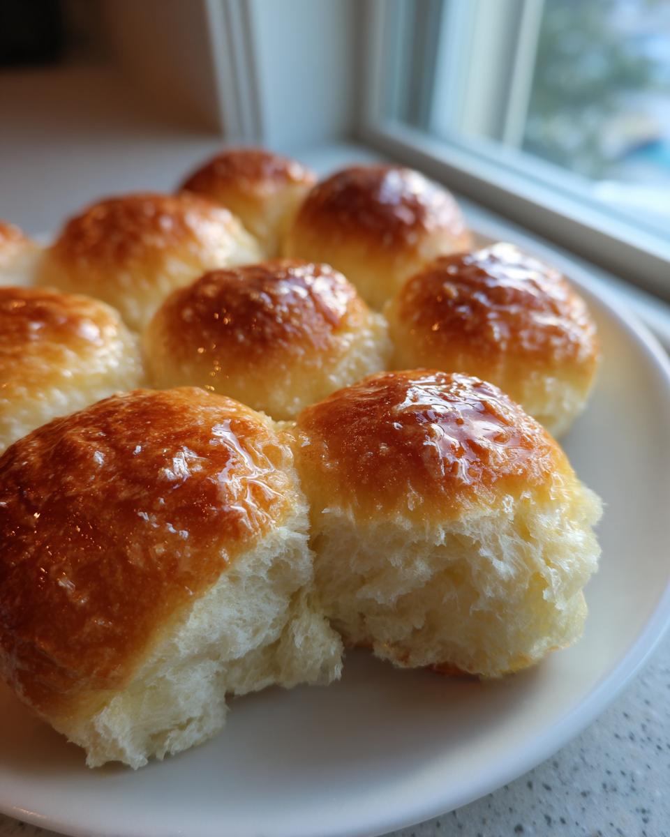 Close-up of several fluffy dinner rolls with a shiny, golden-brown glaze, one roll pulled apart showing the soft interior.