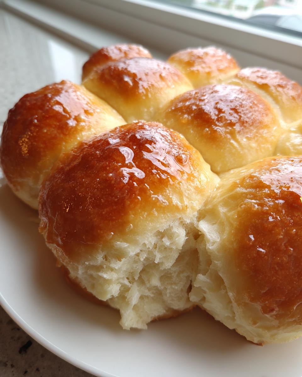 Close-up of a cluster of fluffy dinner rolls with a shiny, golden-brown glaze, one roll pulled apart showing the soft interior.