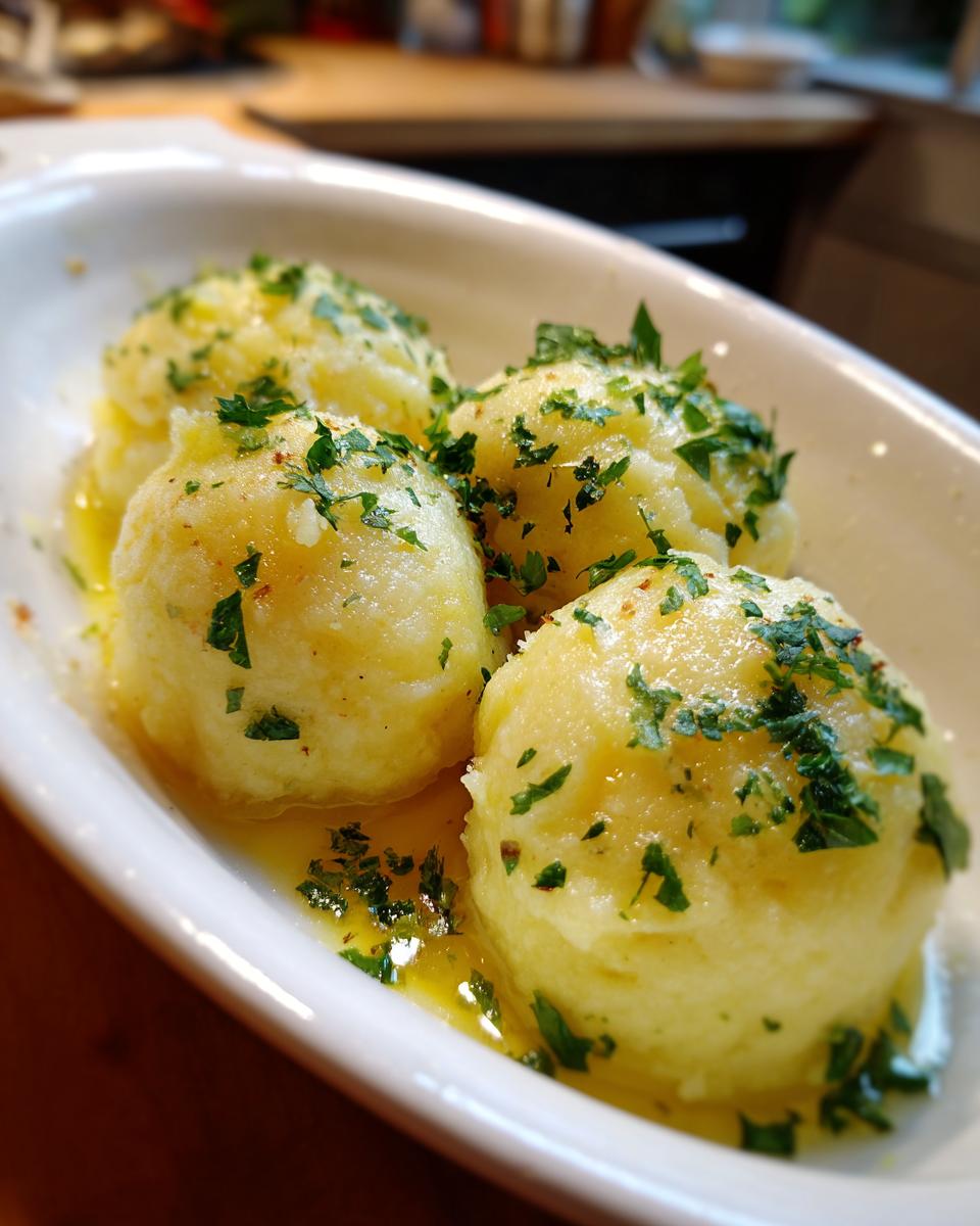 Four fluffy potato dumplings served in a white dish, glistening with melted butter and topped with fresh chopped parsley.