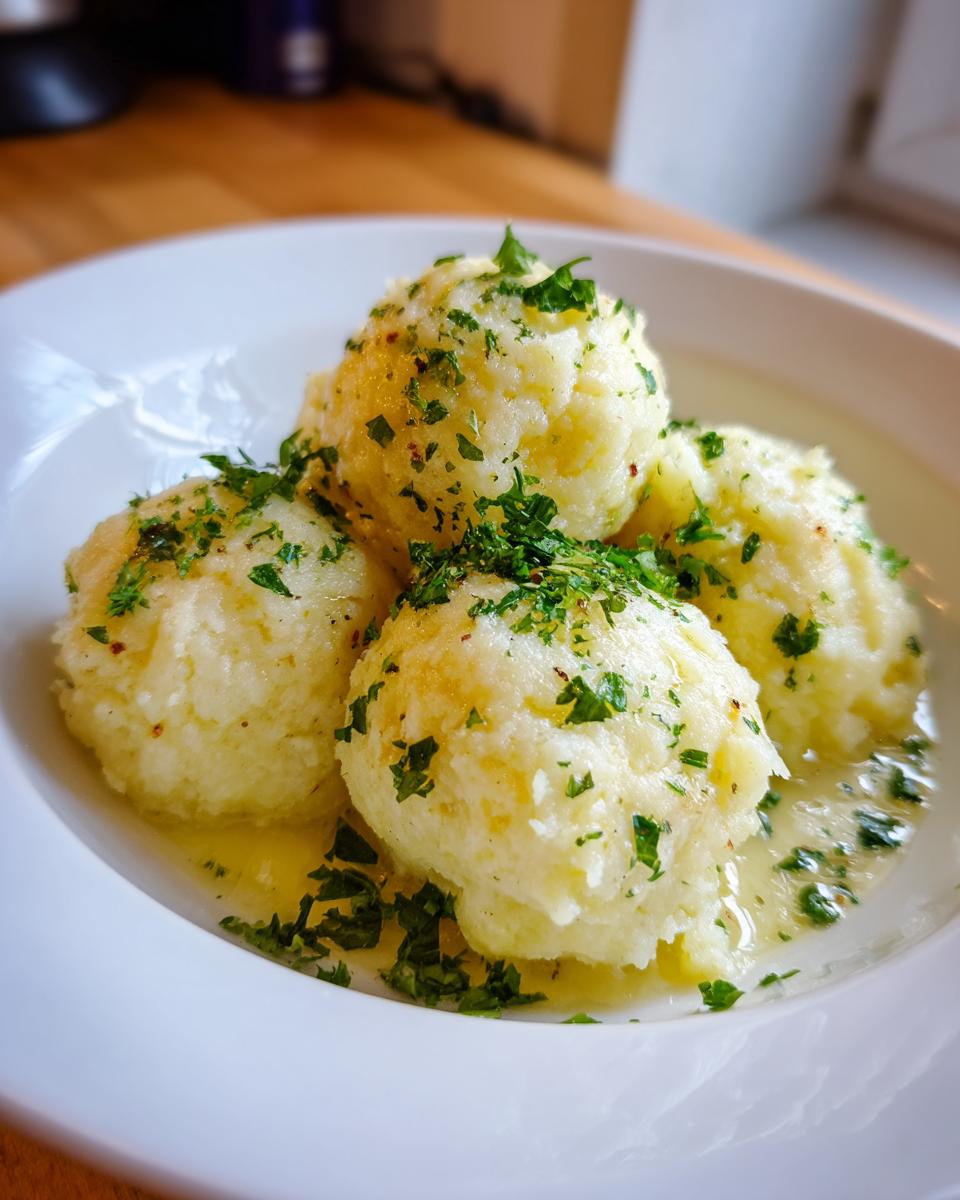 Four fluffy potato dumplings served in a white bowl, drizzled with melted butter and topped with fresh chopped parsley.