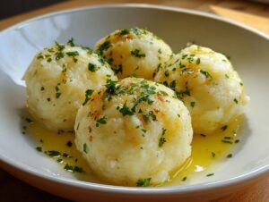 Four fluffy potato dumplings served in a shallow bowl, drizzled with melted butter and sprinkled with fresh parsley.