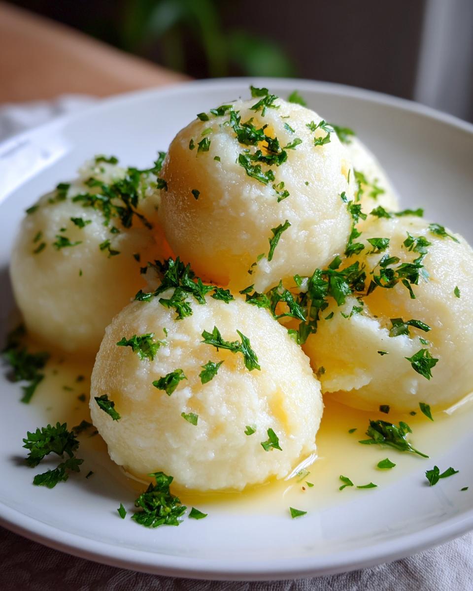 Close-up of fluffy potato dumplings served on a white plate, glistening with melted butter and topped with fresh chopped parsley.