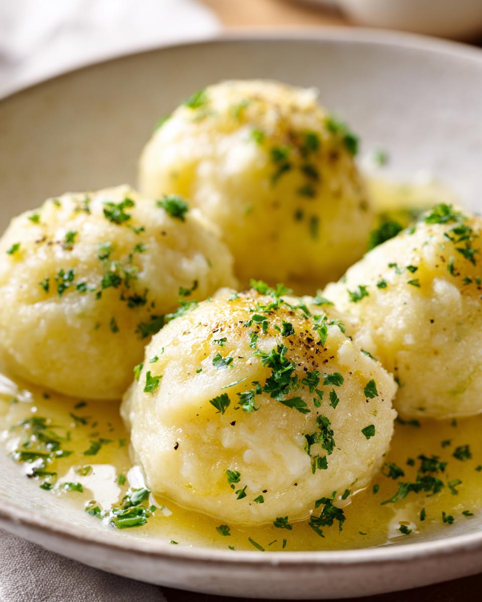 Close-up of four fluffy potato dumplings sitting in melted butter and topped with fresh parsley.