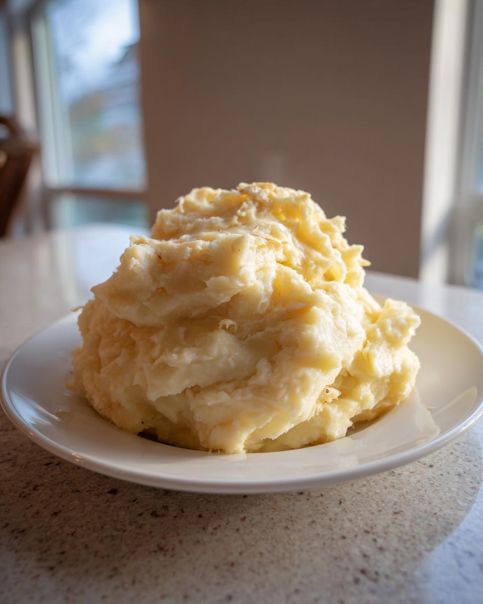 A large mound of fluffy roasted garlic mashed potatoes served on a white plate, ready to eat.