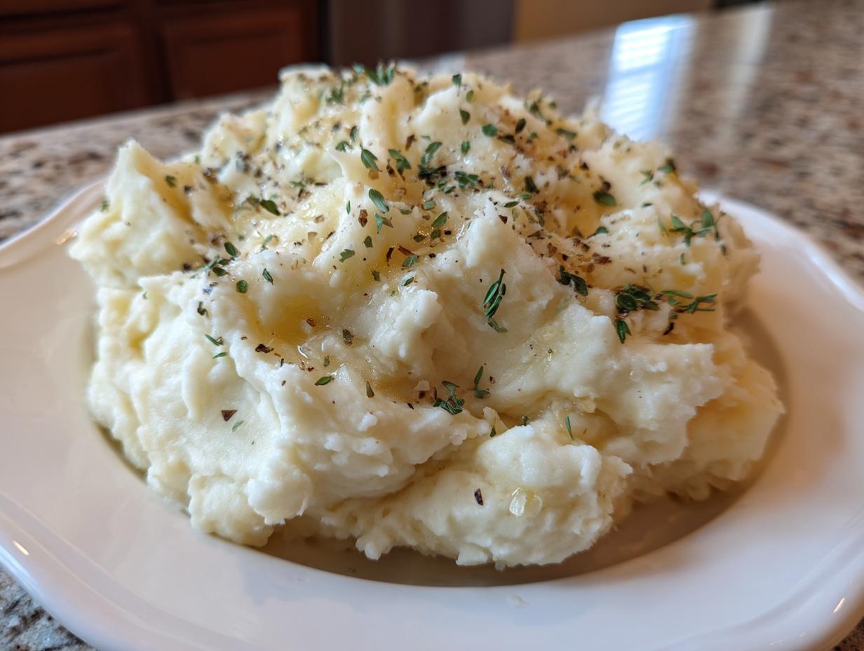 A generous serving of creamy roasted garlic mashed potatoes topped with melted butter and fresh thyme.
