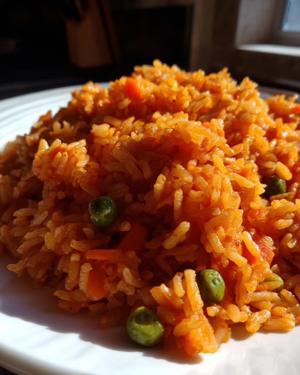 A close-up of fluffy, orange-colored spanish rice mixed with bright green peas and diced carrots on a white plate.