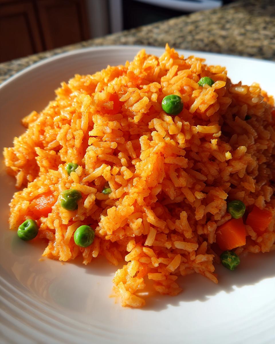 Close-up of fluffy, orange-colored spanish rice mixed with bright green peas and diced carrots on a white plate.