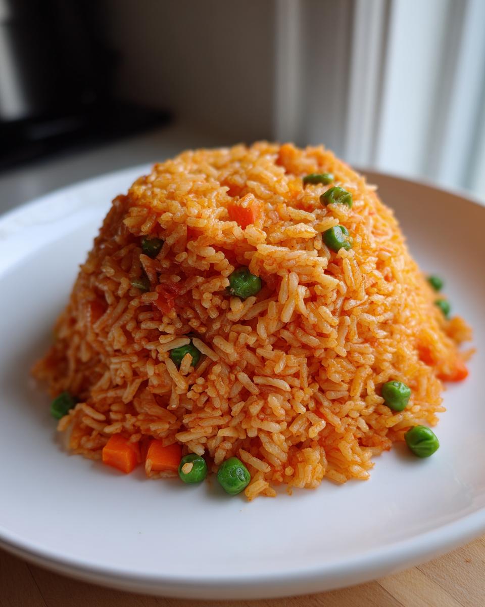 A mound of fluffy, orange-colored spanish rice mixed with bright green peas and diced carrots on a white plate.
