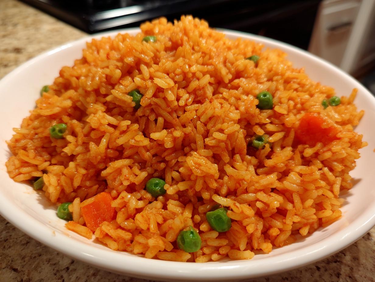 Close-up of fluffy, bright orange spanish rice mixed with green peas and diced carrots in a white serving bowl.