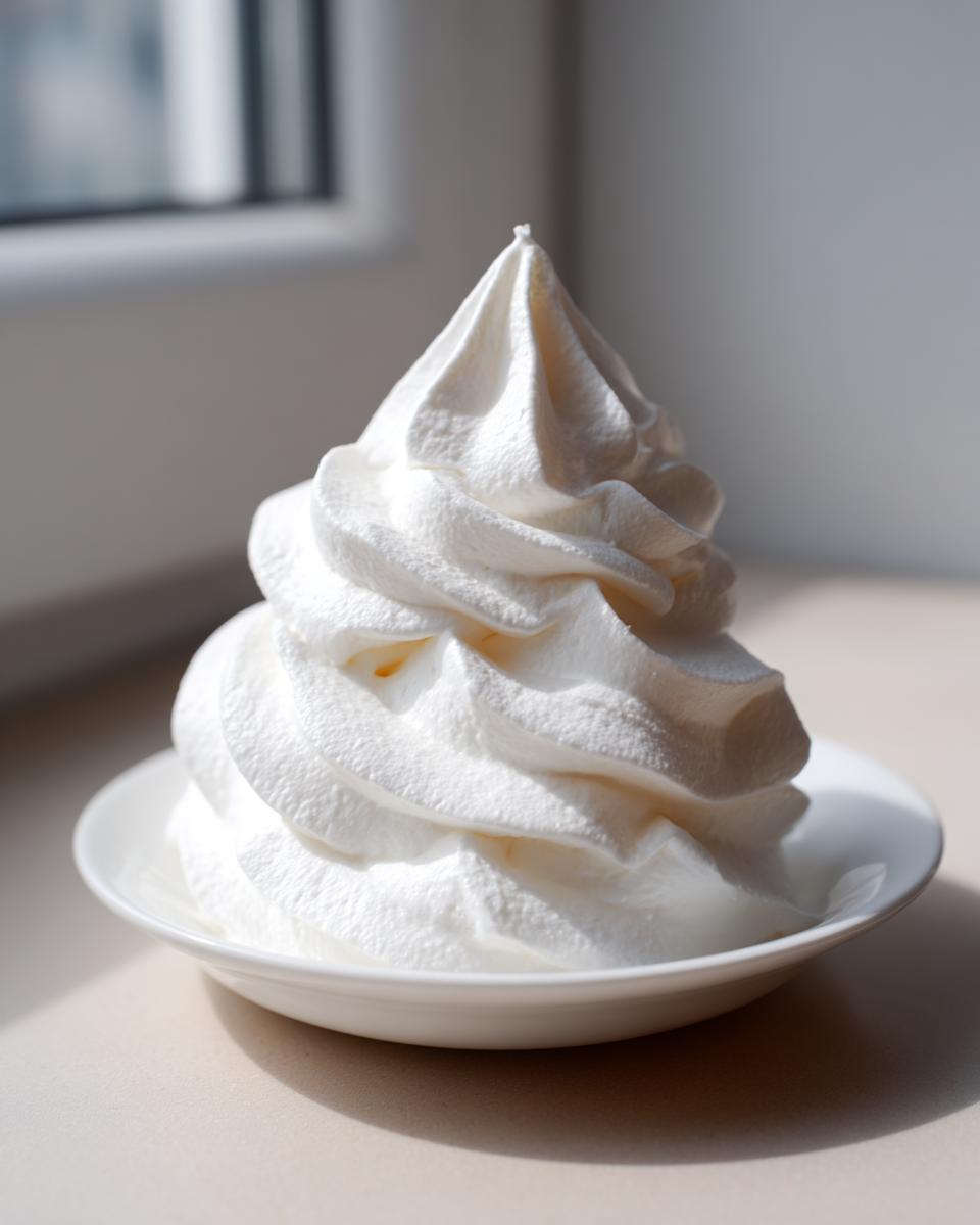 A tall, perfectly piped swirl of bright white vanilla buttercream frosting sitting on a small white saucer.