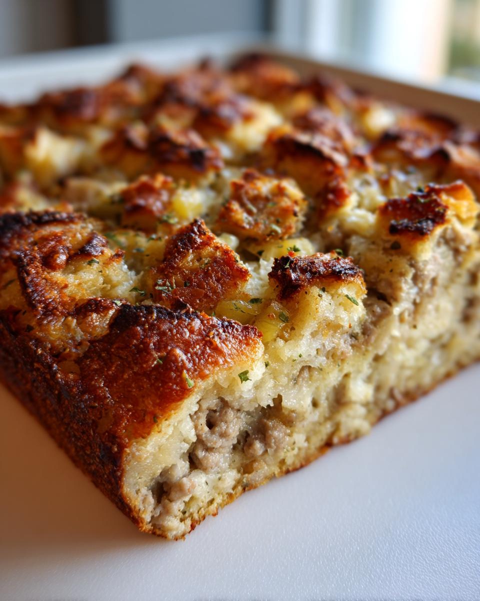 A close-up of a perfectly baked slice of savory stuffing with a golden, crusty top and visible sausage filling.