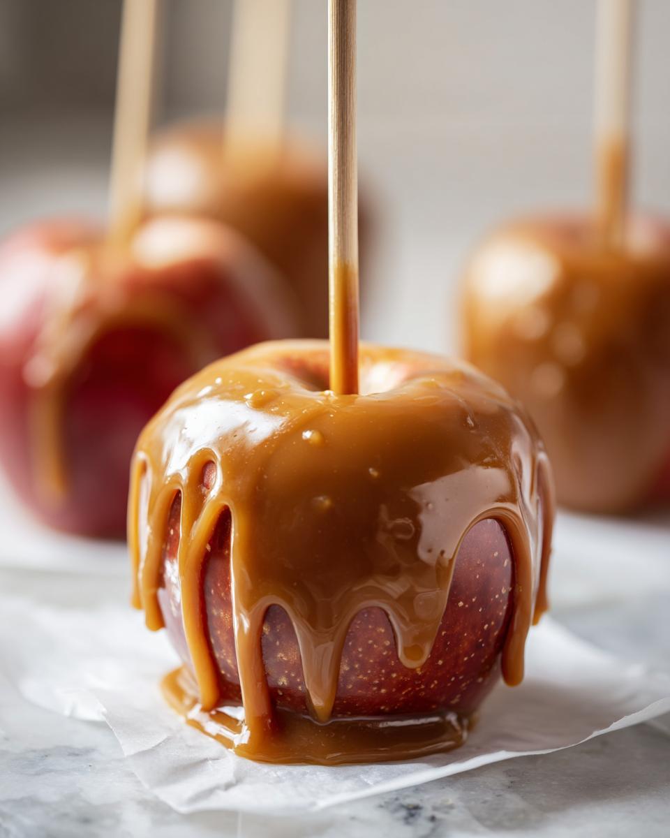 Close-up of a glossy, red caramel apple dripping with thick, golden caramel sauce on parchment paper.