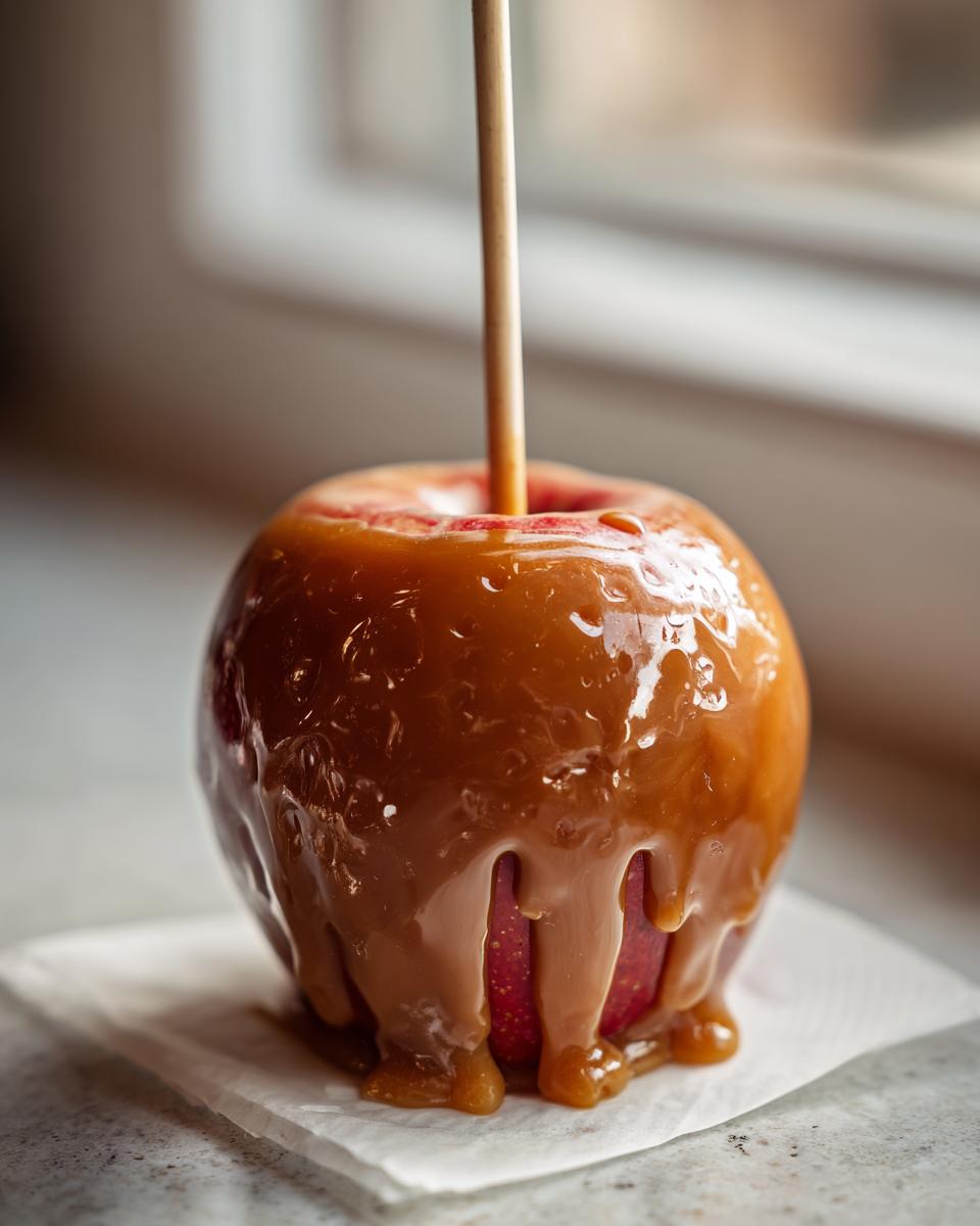 A glossy, freshly made caramel apple on a stick, dripping with rich caramel sauce.