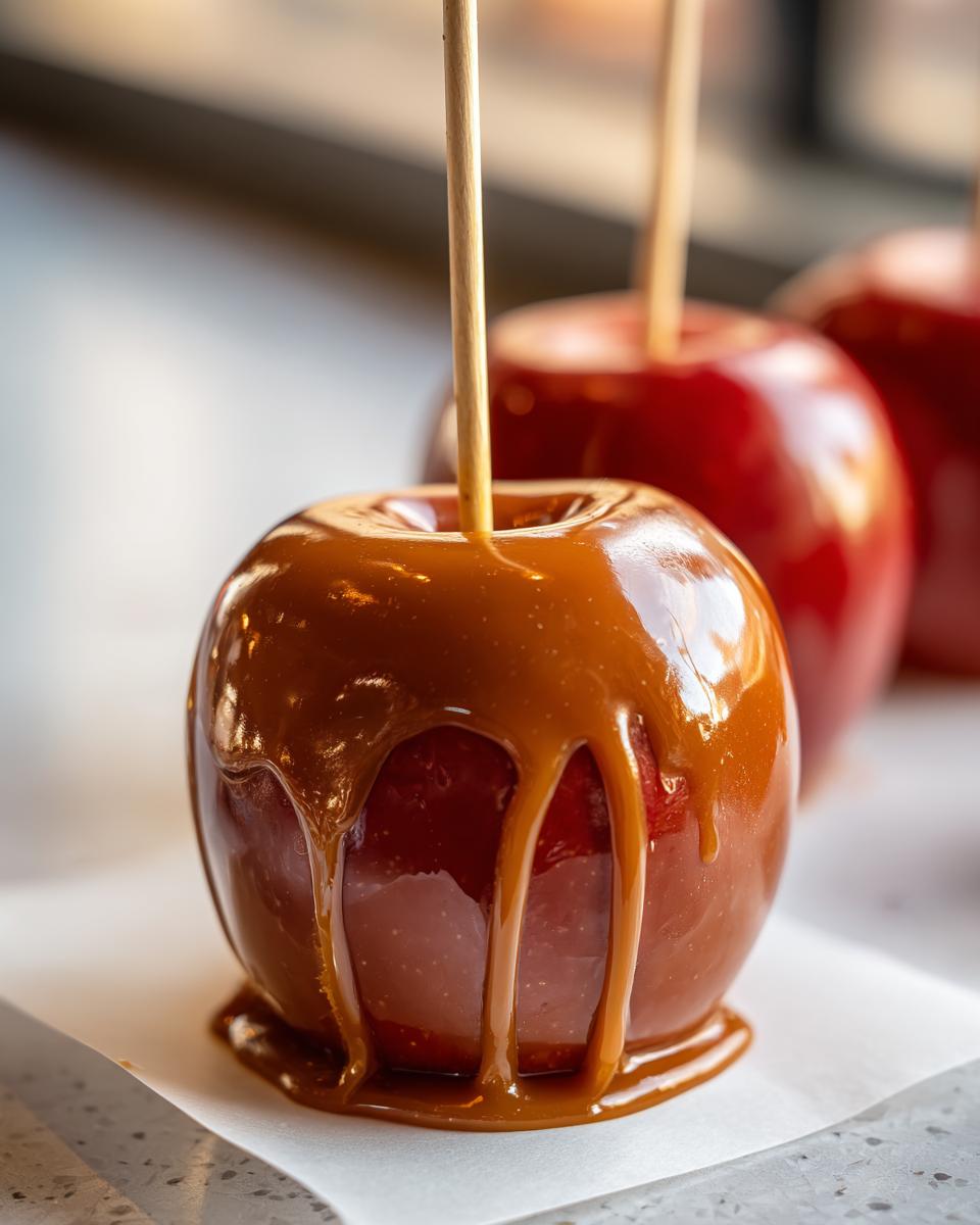 Close-up of a glossy, red caramel apple dripping with thick, golden caramel sauce on a stick.
