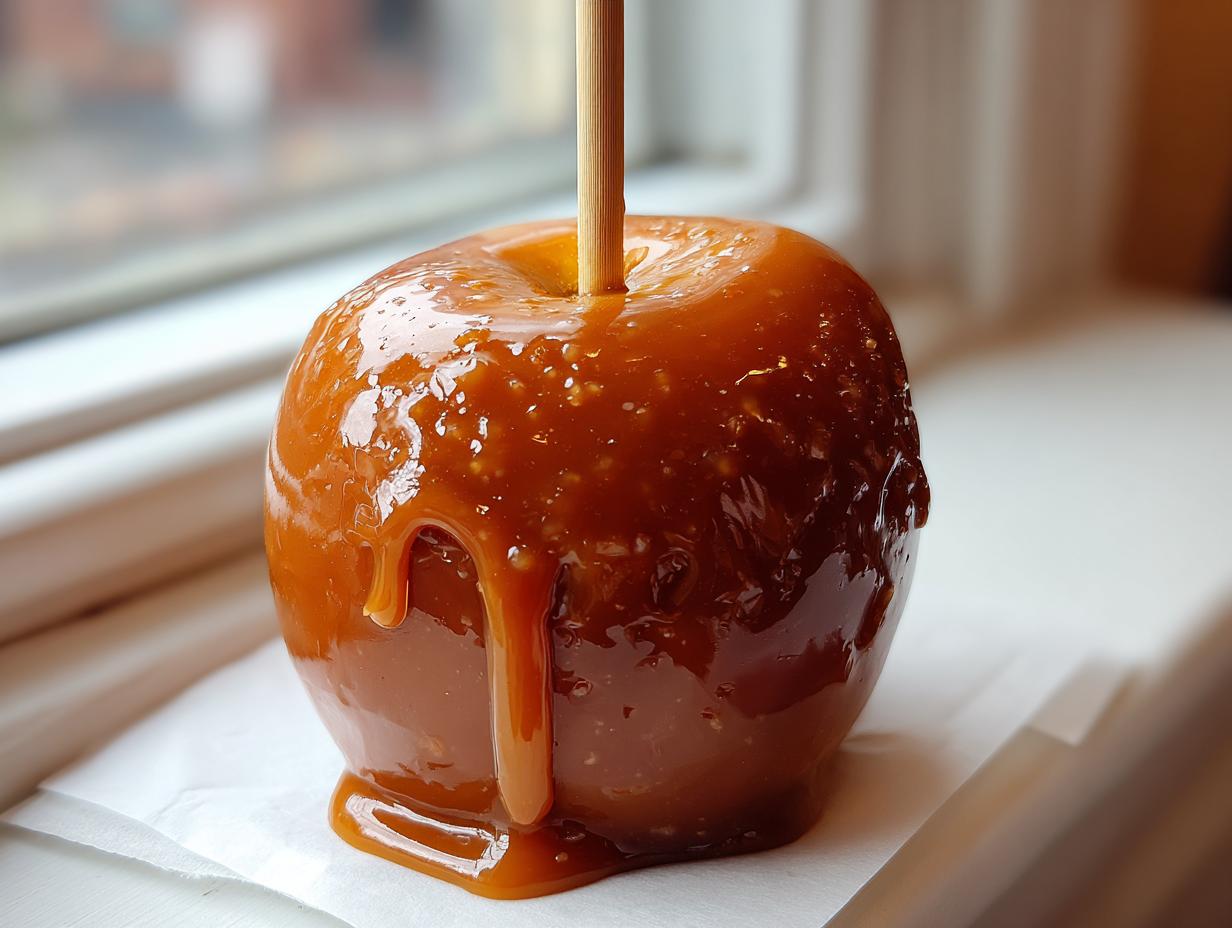 A close-up of a glossy, dripping caramel apple on a wooden stick, resting on white paper.