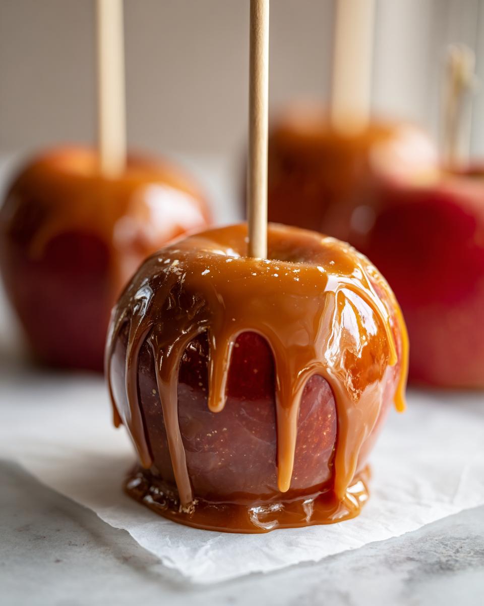 Close-up of a glossy, red caramel apple with thick caramel dripping down the sides, ready to eat.