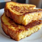 Close-up of two thick slices of golden brown french toast stacked on a white plate.