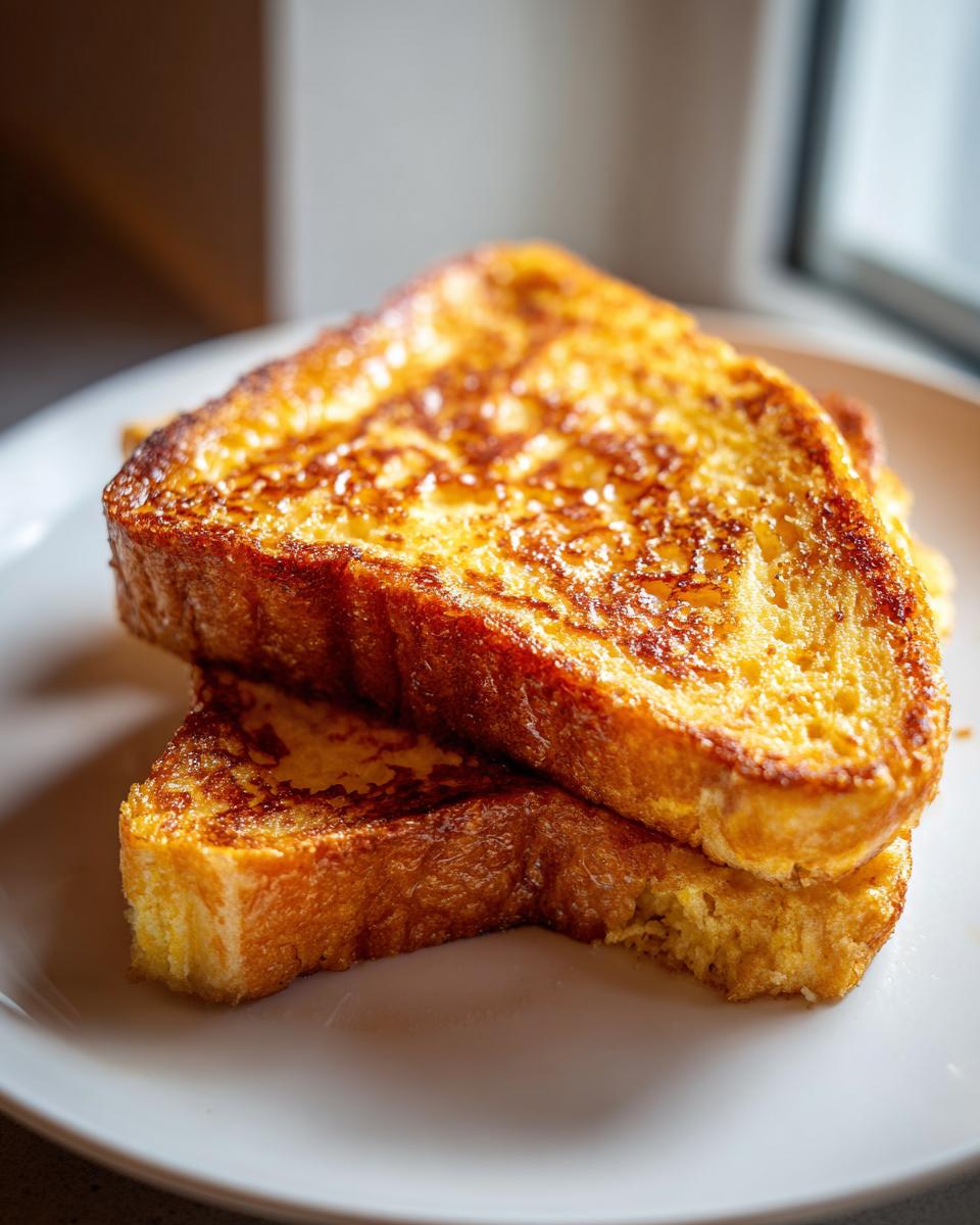 Close-up of two golden brown slices of perfectly cooked french toast stacked on a white plate.