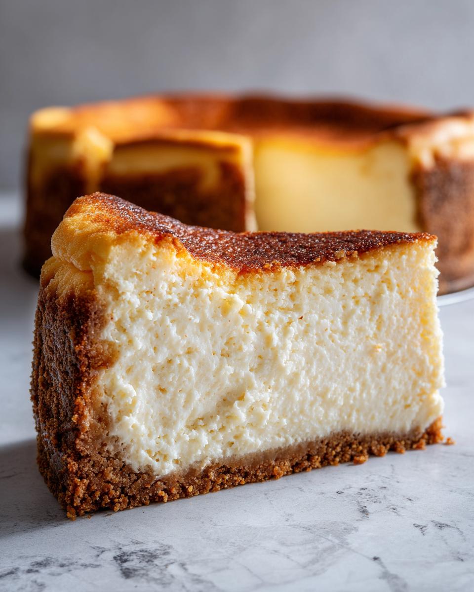 Close-up of a thick slice of creamy new york cheesecake showing the graham cracker crust and browned top.