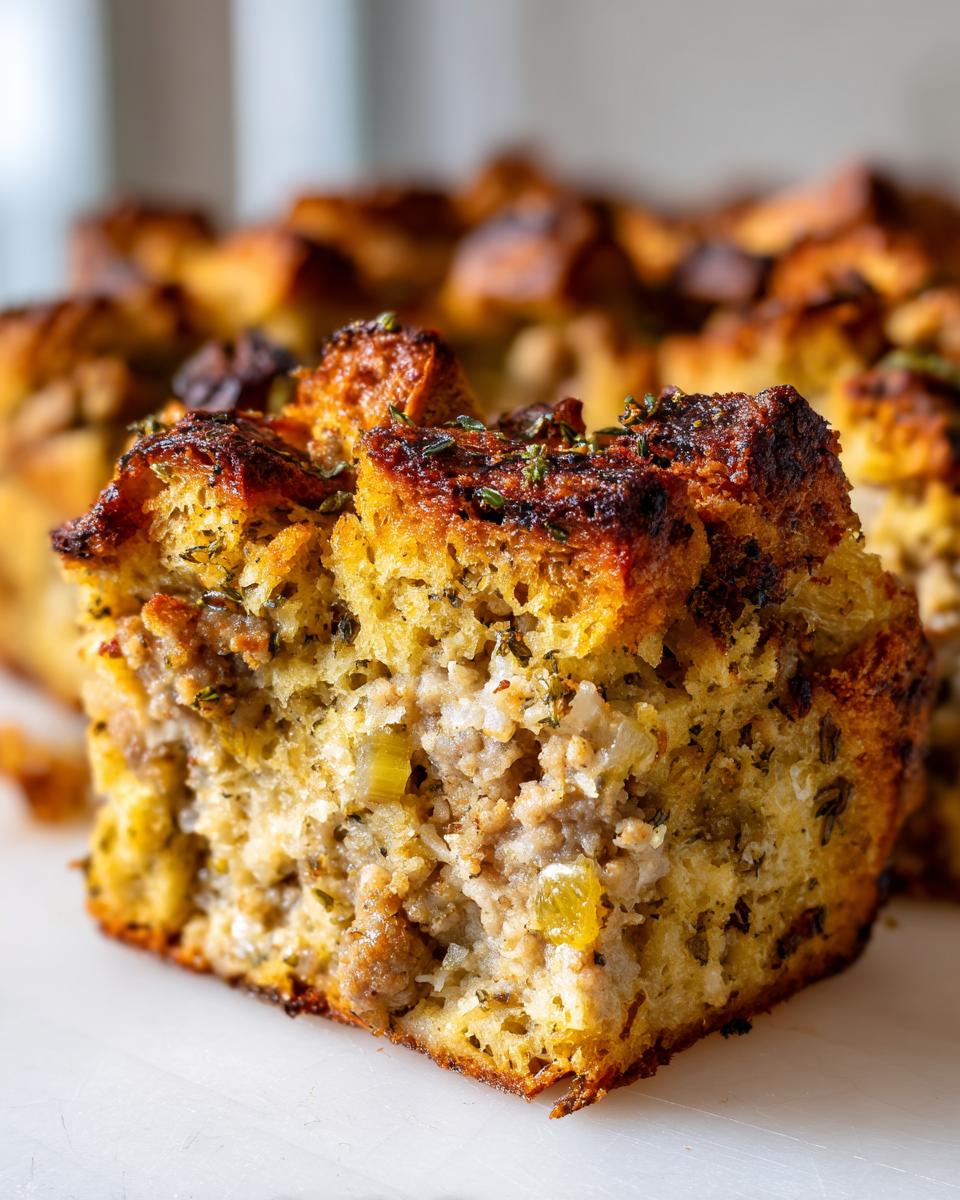 A close-up of a perfectly baked slice of sausage stuffing showing a crispy top and moist interior.