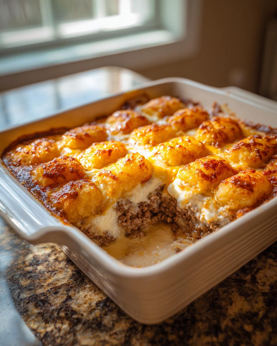 Close-up of a baked tater tot casserole showing browned tater tots over a creamy meat layer.