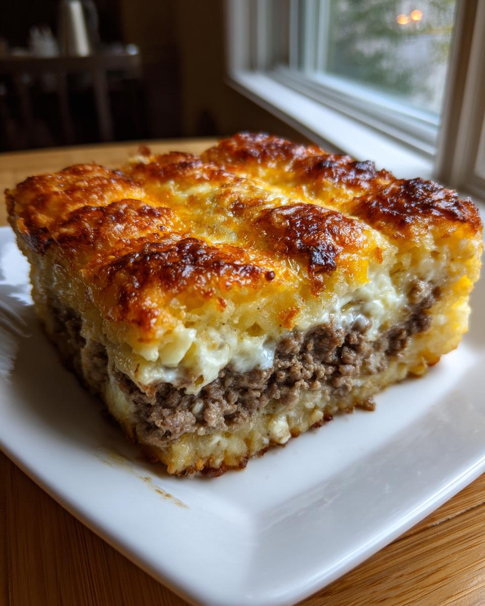 A thick, square slice of tater tot casserole showing layers of ground beef, creamy sauce, and a golden-brown cheesy topping.