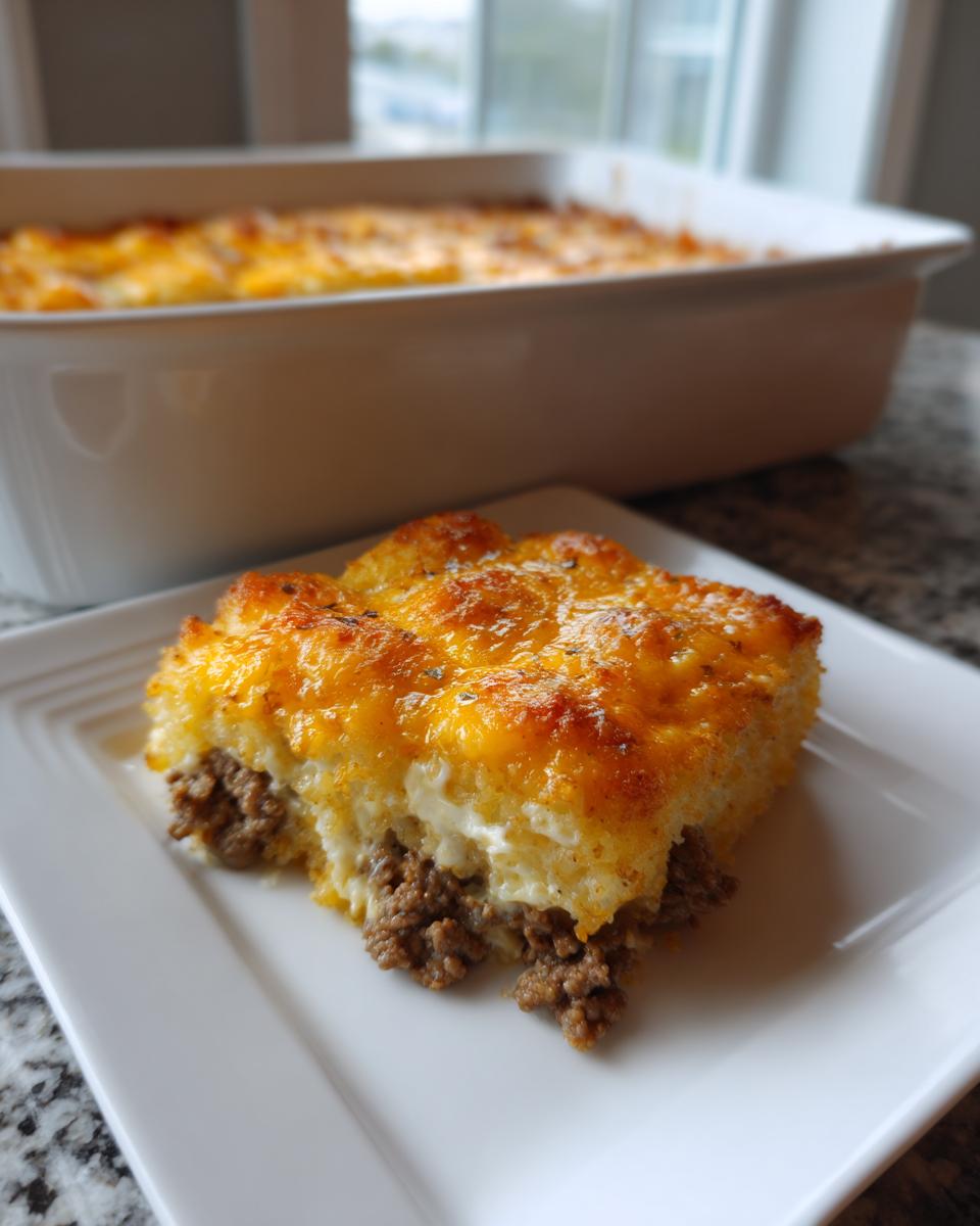 A square serving of tater tot casserole with a crispy, cheesy top layer and ground beef filling, served on a white plate.