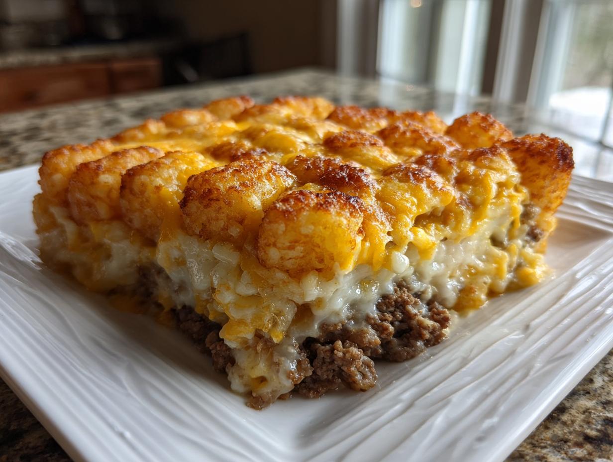 A thick slice of cheesy tater tot casserole showing layers of ground beef, creamy sauce, and crispy tater tots on top.