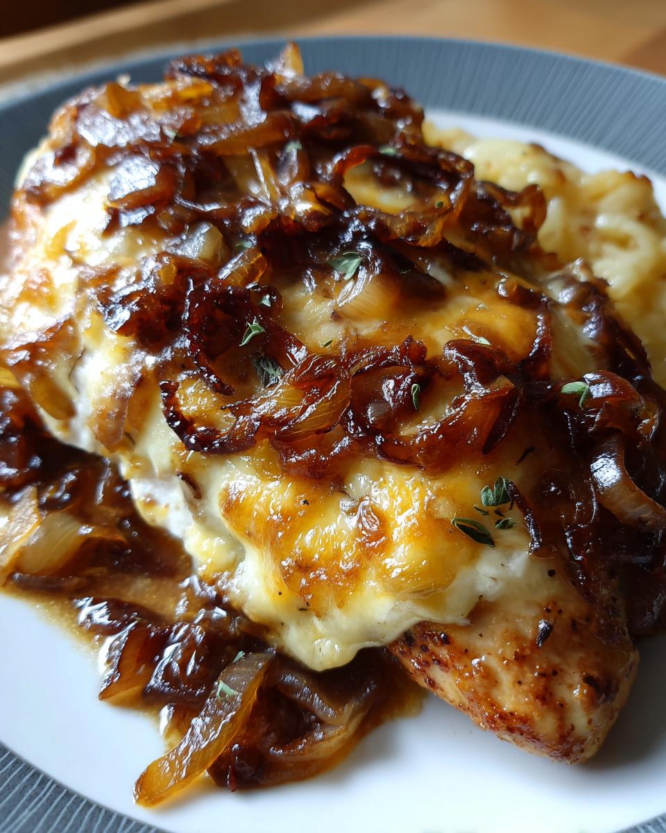 Close-up of a juicy french onion chicken breast topped with melted white cheese and caramelized onions.