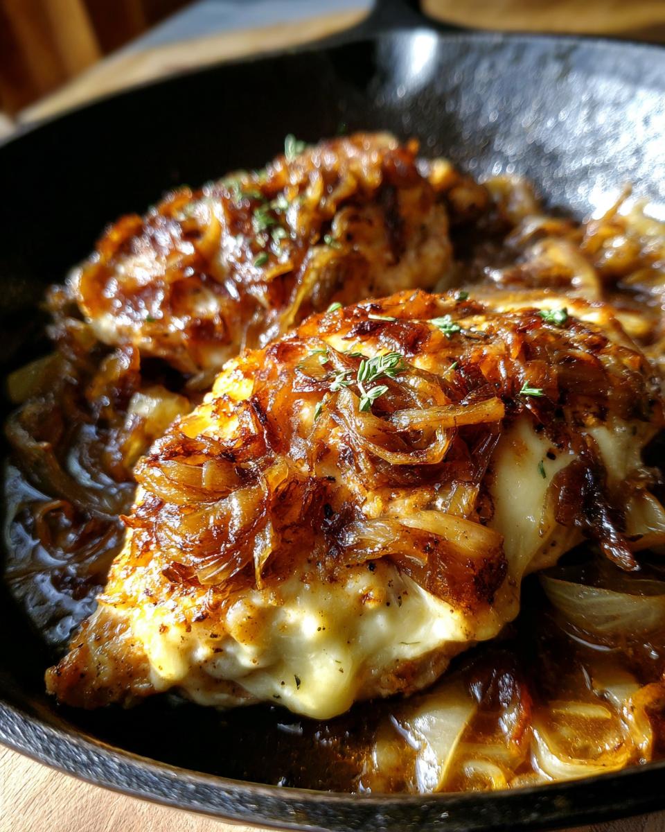 Close-up of cheesy french onion chicken topped with caramelized onions in a dark skillet.