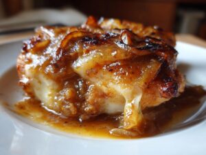 Close-up of a piece of french onion chicken topped with caramelized onions and melted cheese sauce.