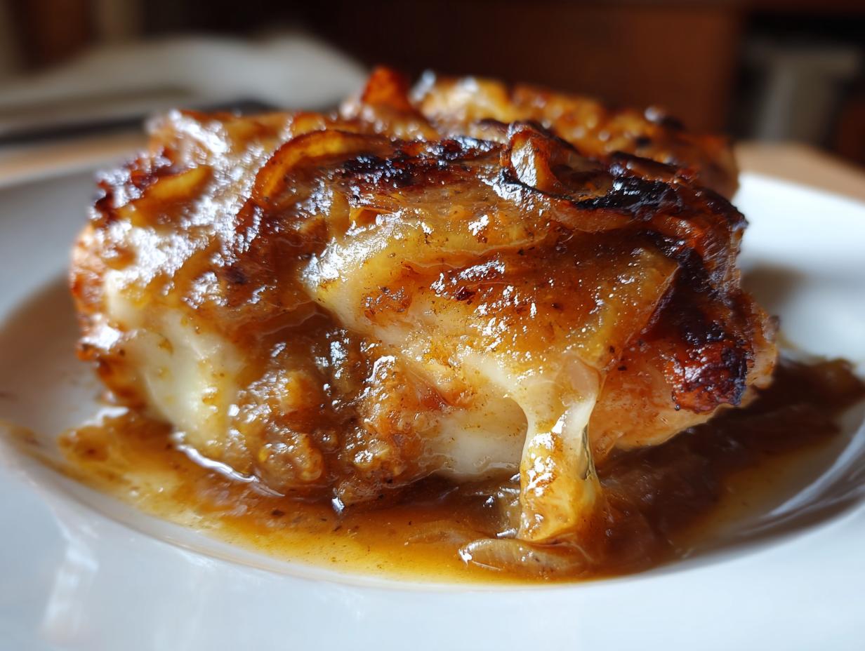 Close-up of a piece of french onion chicken topped with caramelized onions and melted cheese sauce.