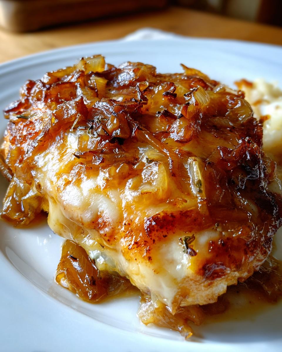 Close-up of a juicy french onion chicken breast topped with melted white cheese and caramelized onions.