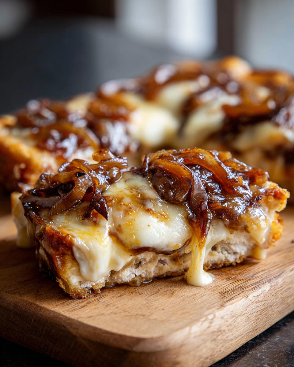 Close-up of a slice of french onion chicken topped with melted cheese and rich caramelized onions.
