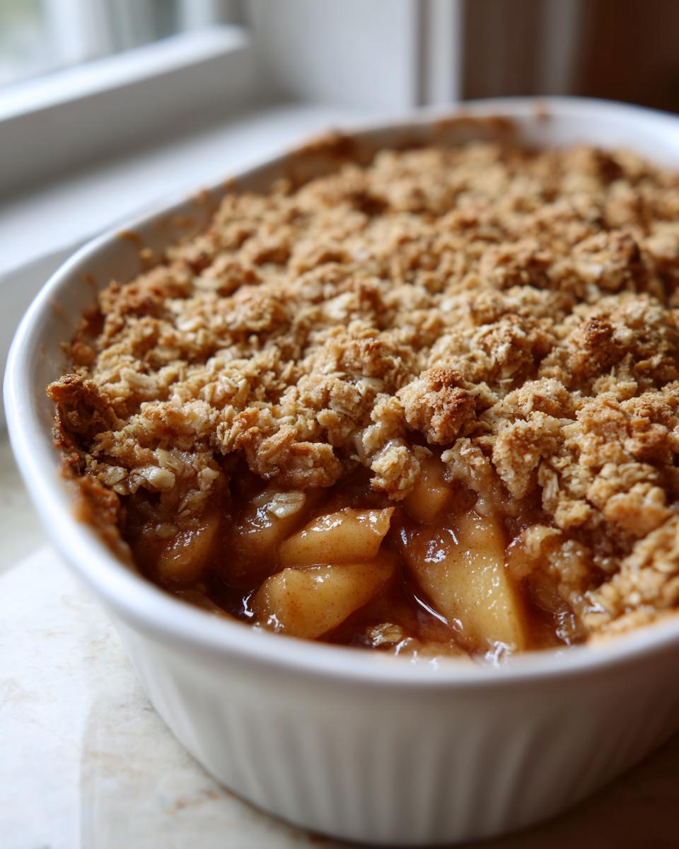 Close-up of a freshly baked apple crisp recipe with a golden, crumbly oat topping and bubbling spiced apples underneath.