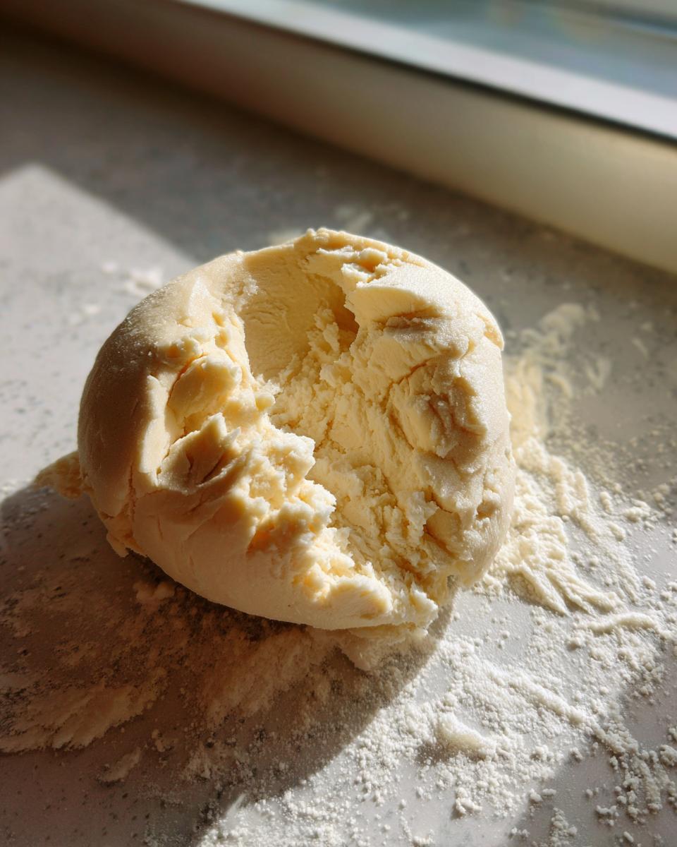 A pale yellow ball of freshly mixed marzipan recipe dough resting on a lightly floured countertop.