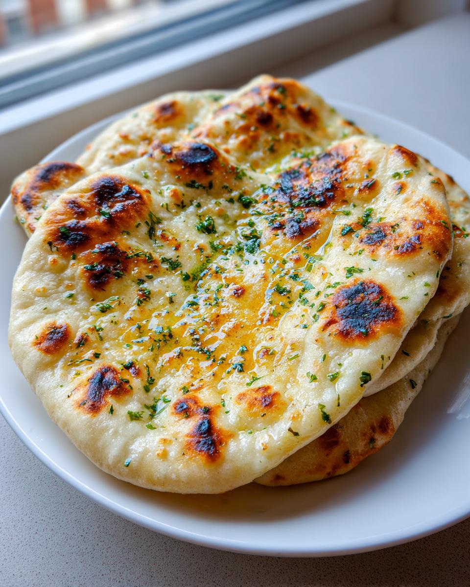A stack of freshly baked, fluffy naan bread brushed with melted butter and herbs.