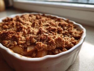 Close-up of a golden brown, crunchy topping on a freshly baked apple crisp recipe in a white ramekin.