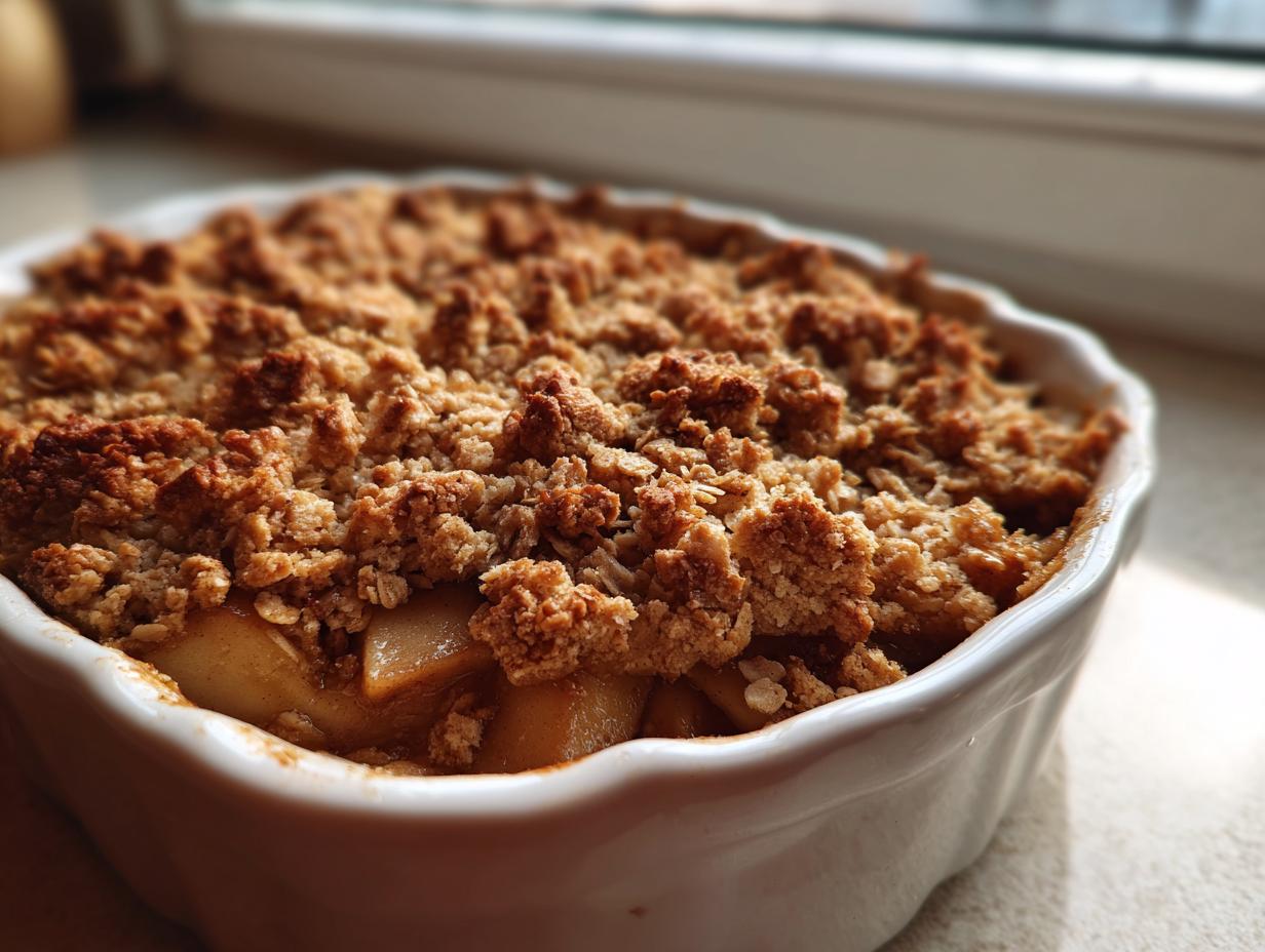Close-up of a golden brown, crunchy topping on a freshly baked apple crisp recipe in a white ramekin.