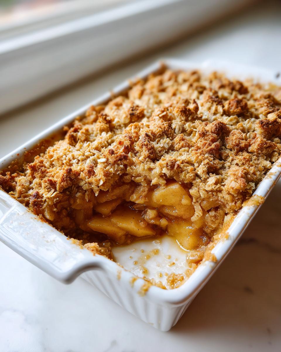 Close-up of a golden brown, baked apple crisp with a scoop removed, showing soft apple filling.